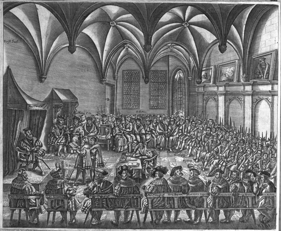 Diet of Augsburg par Christian Beyer - Reichstag d’Augsbourg, gravure sur bois du XVIe siècle à Nuremberg